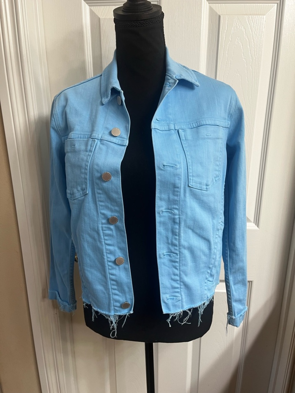 L'AGENCE Light Blue Denim Jacket with Frayed Hem